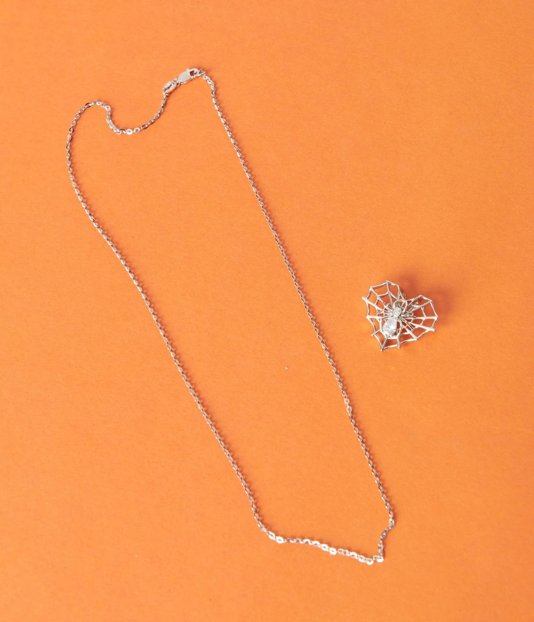 Silver Rhinestone Spider Love Necklace