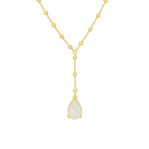 Simulated Pear Opal Beaded Y 18'' Necklace in 14k Gold Plate