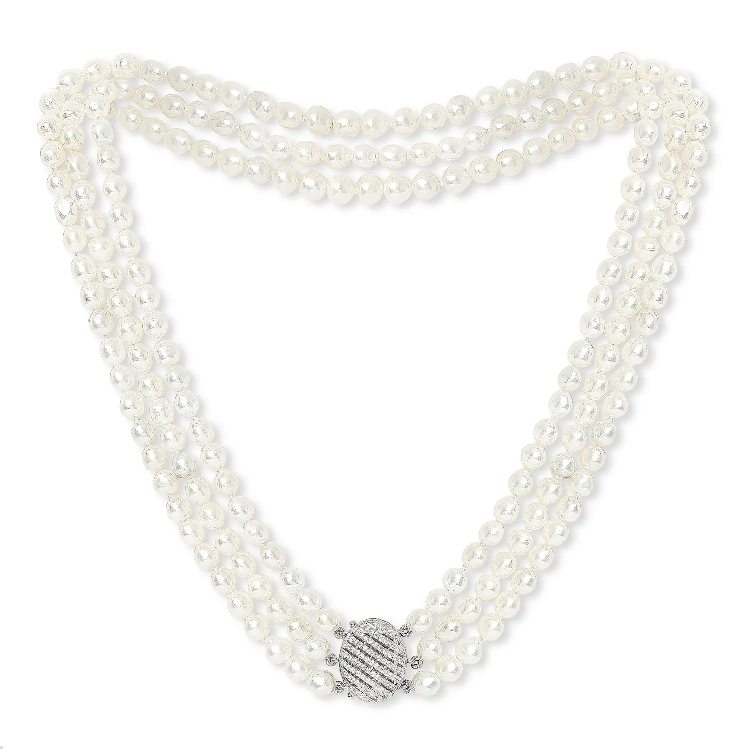 Stella triple strand cultured freshwater pearl necklace with vintage style oval pave