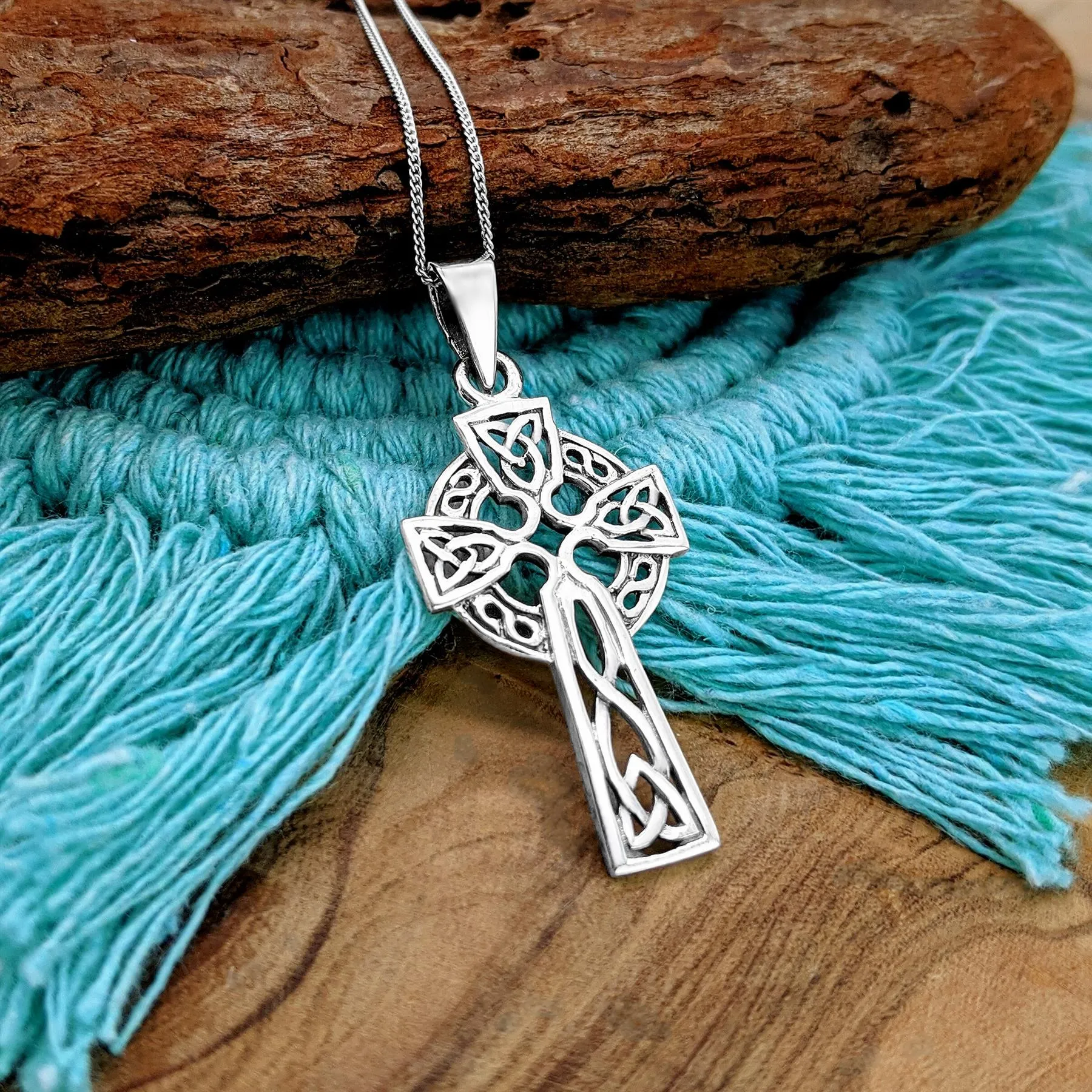 Sterling Silver Celtic Cross Pendant Necklace - Trinity Knot Design