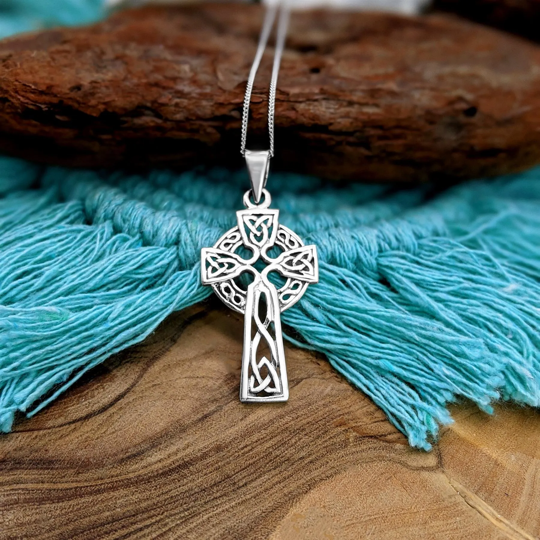 Sterling Silver Celtic Cross Pendant Necklace - Trinity Knot Design