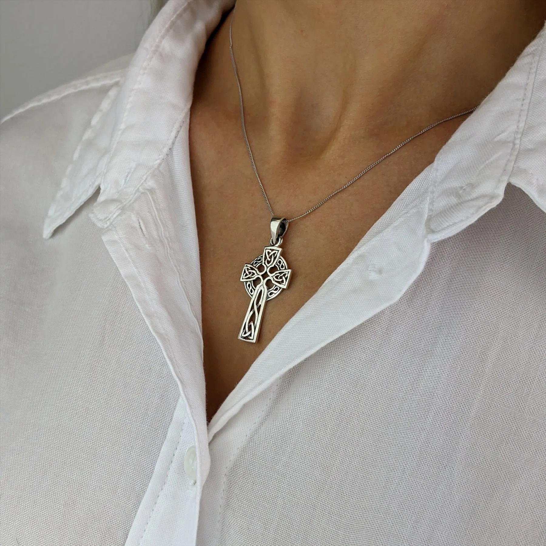 Sterling Silver Celtic Cross Pendant Necklace - Trinity Knot Design