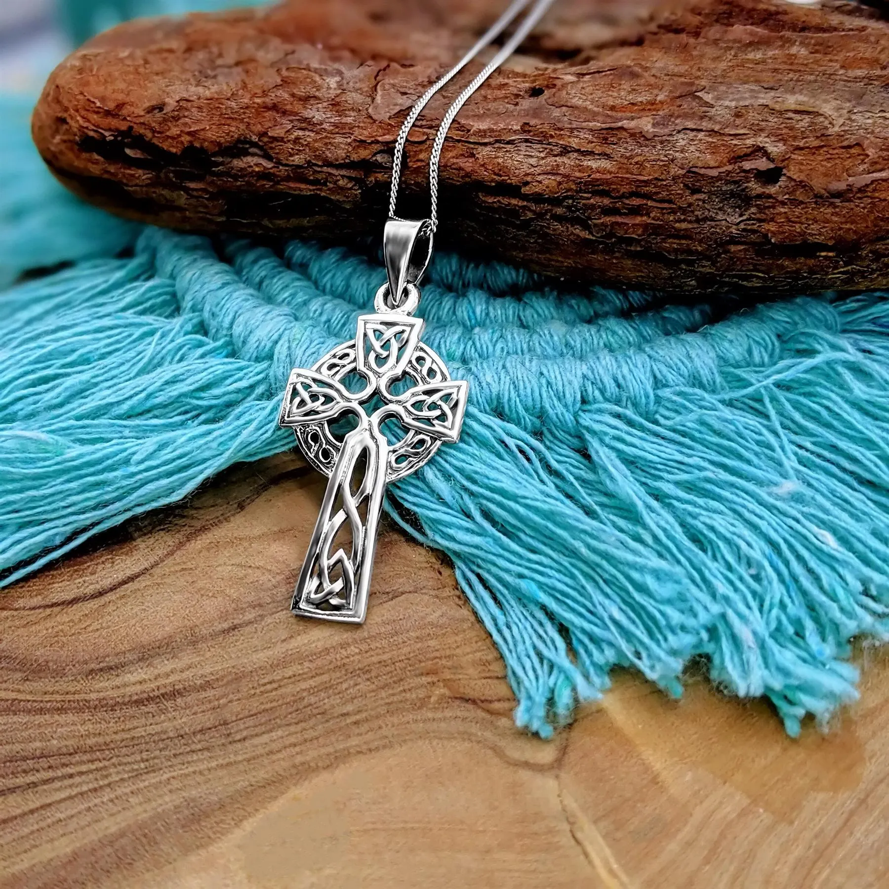 Sterling Silver Celtic Cross Pendant Necklace - Trinity Knot Design