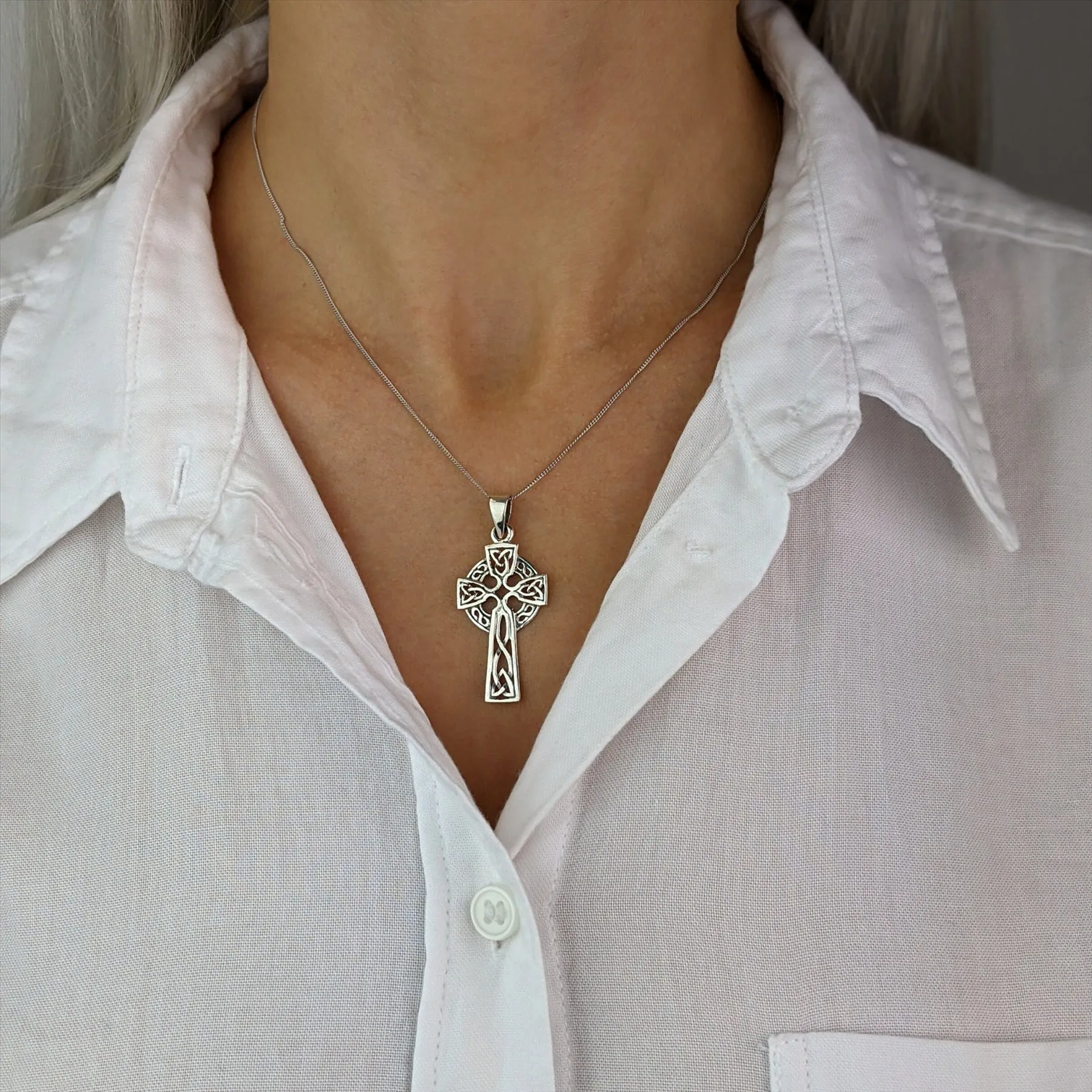 Sterling Silver Celtic Cross Pendant Necklace - Trinity Knot Design