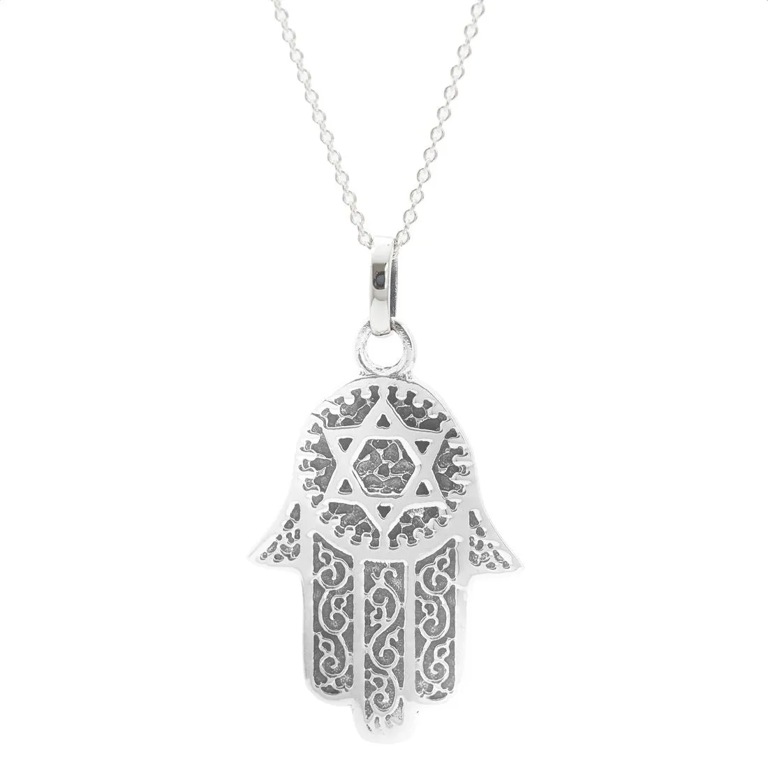 Sterling Silver Hamsa Hand Star of David Pendant Curb Chain Necklace