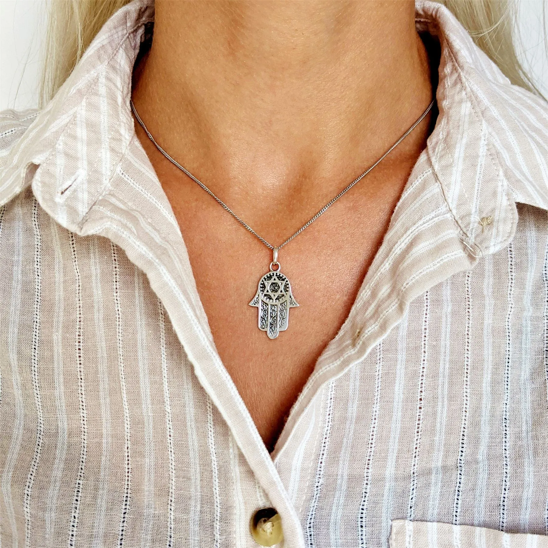 Sterling Silver Hamsa Hand Star of David Pendant Curb Chain Necklace