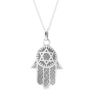 Sterling Silver Hamsa Hand Star of David Pendant Curb Chain Necklace