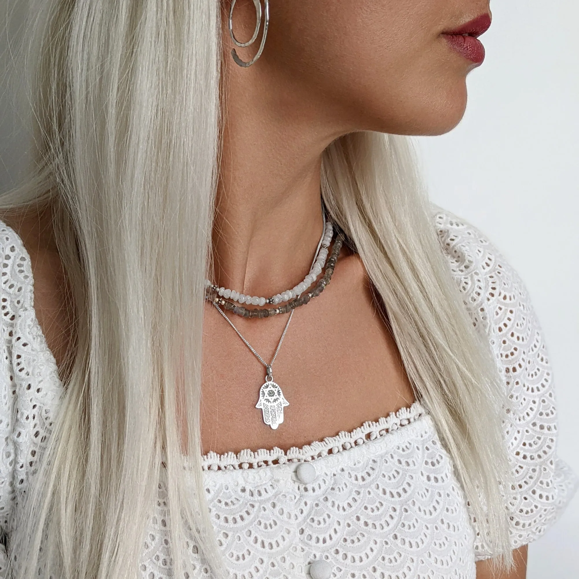 Sterling Silver Hamsa Hand Star of David Pendant Curb Chain Necklace