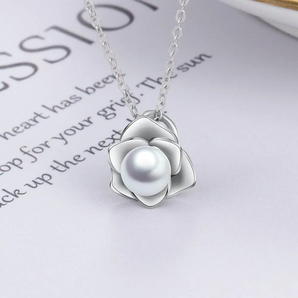 Sterling Silver Rose Shape Pearl Pendant Necklace, Fashion Jewelry Gift for Women