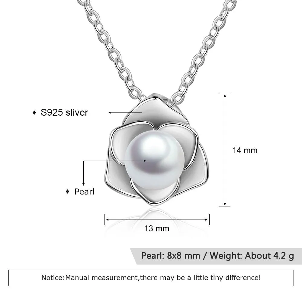 Sterling Silver Rose Shape Pearl Pendant Necklace, Fashion Jewelry Gift for Women