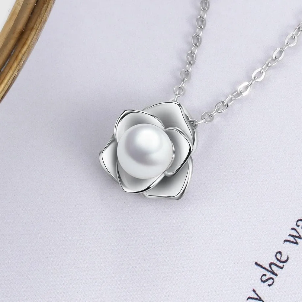 Sterling Silver Rose Shape Pearl Pendant Necklace, Fashion Jewelry Gift for Women