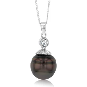 Sterling Silver Tahitian Pearl & Zirconia Pendant with 45cm Sterling Silver Chain