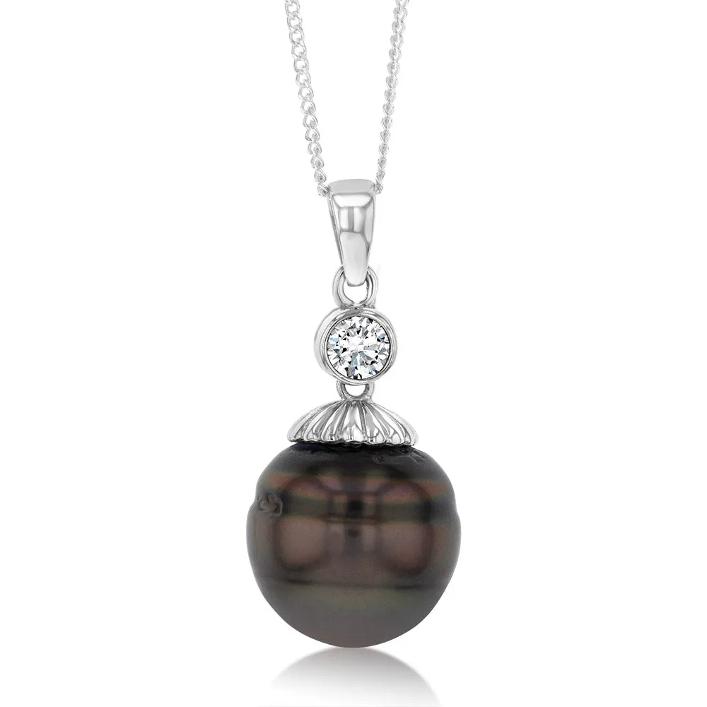 Sterling Silver Tahitian Pearl & Zirconia Pendant with 45cm Sterling Silver Chain