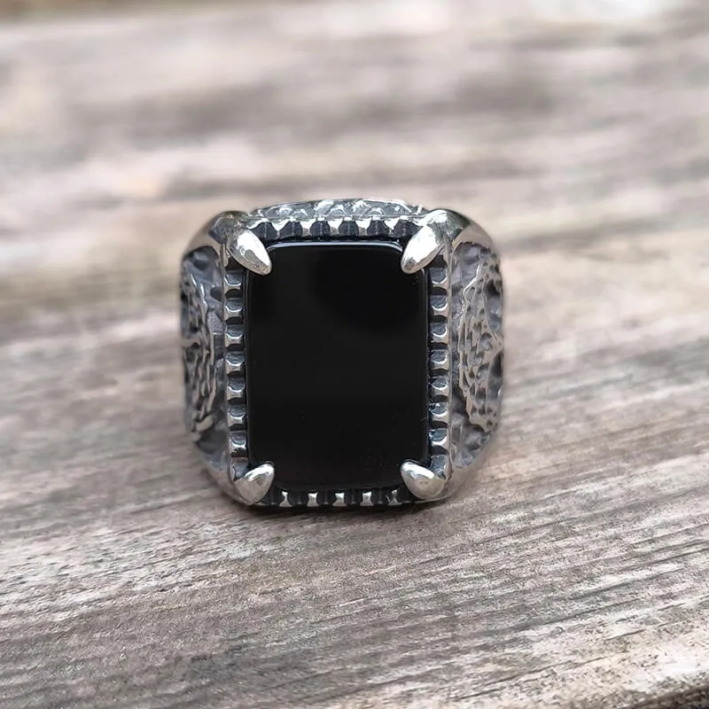 Tree Of Life Onyx Stainless Steel Viking Ring