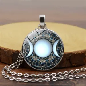 Triple Moon Goddess Pendant Pentagram Necklace Witch Jewelry Glass Dome Wiccan Necklace Silver Chain