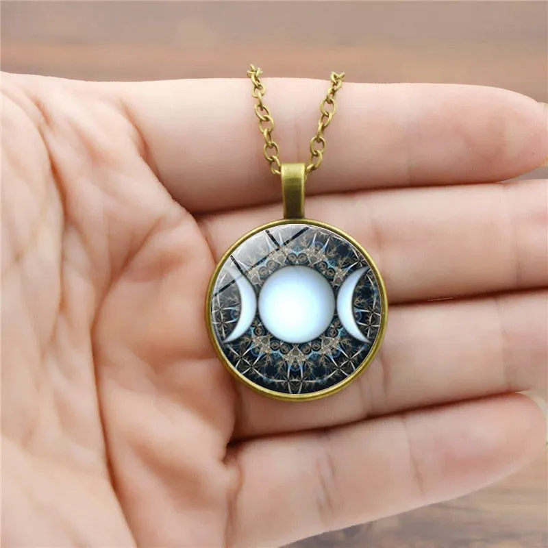 Triple Moon Goddess Pendant Pentagram Necklace Witch Jewelry Glass Dome Wiccan Necklace Silver Chain