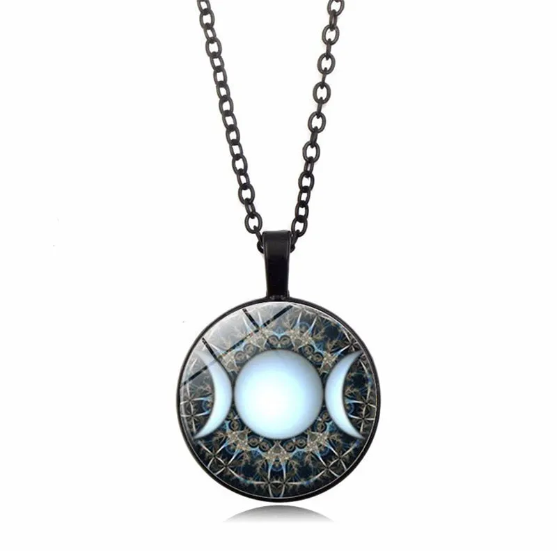 Triple Moon Goddess Pendant Pentagram Necklace Witch Jewelry Glass Dome Wiccan Necklace Silver Chain
