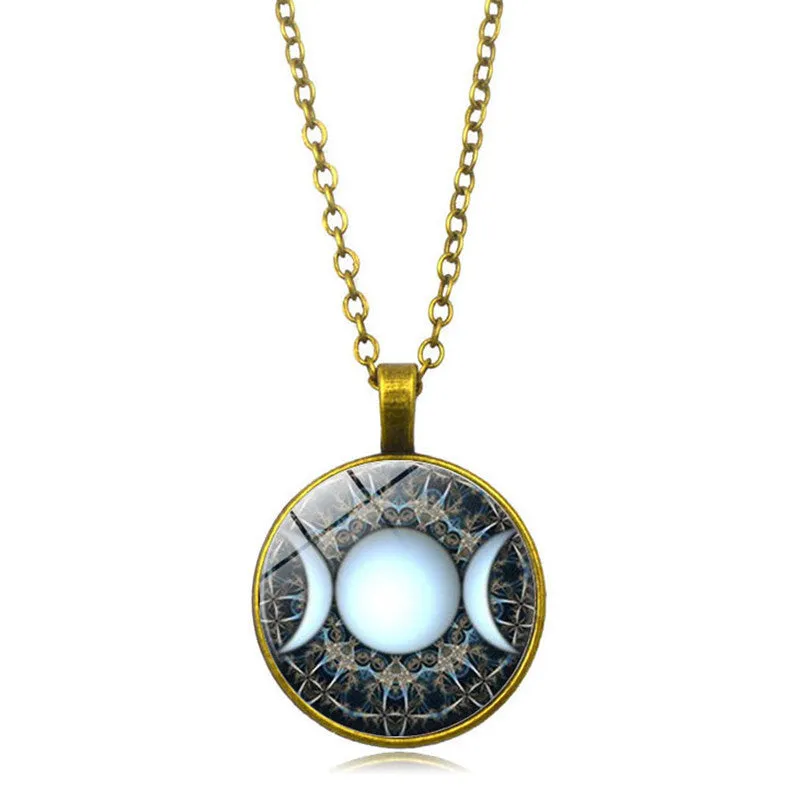 Triple Moon Goddess Pendant Pentagram Necklace Witch Jewelry Glass Dome Wiccan Necklace Silver Chain