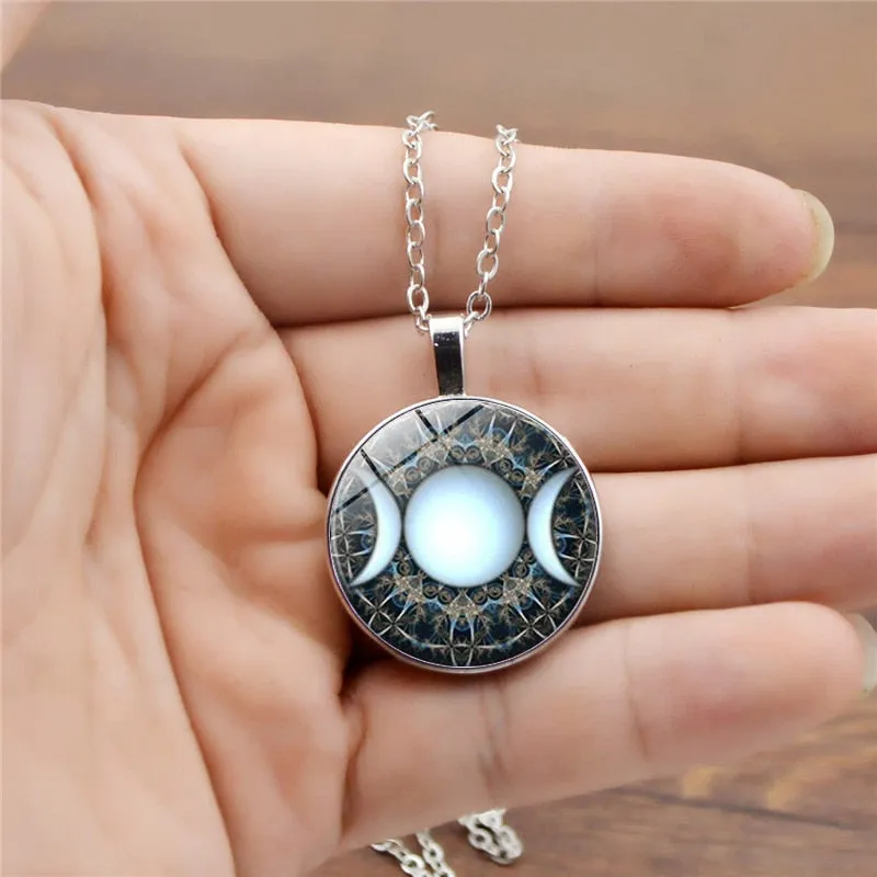 Triple Moon Goddess Pendant Pentagram Necklace Witch Jewelry Glass Dome Wiccan Necklace Silver Chain