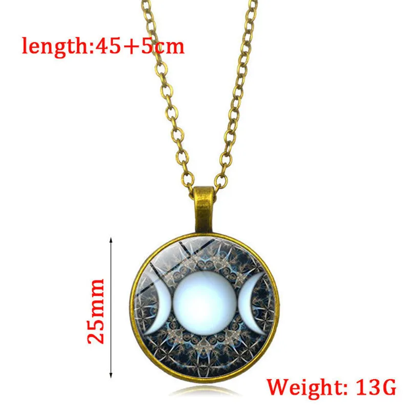 Triple Moon Goddess Pendant Pentagram Necklace Witch Jewelry Glass Dome Wiccan Necklace Silver Chain