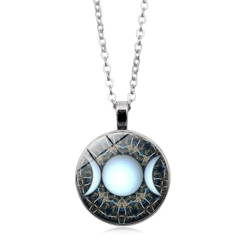 Triple Moon Goddess Pendant Pentagram Necklace Witch Jewelry Glass Dome Wiccan Necklace Silver Chain