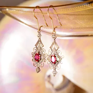 Vintage 14K Gold Red Ruby Dangle Pendant Earrings, Elegant Ornate Earrings With Marquise Gemstones, Art Deco/Nouveau, Kidney Hooks,2 L