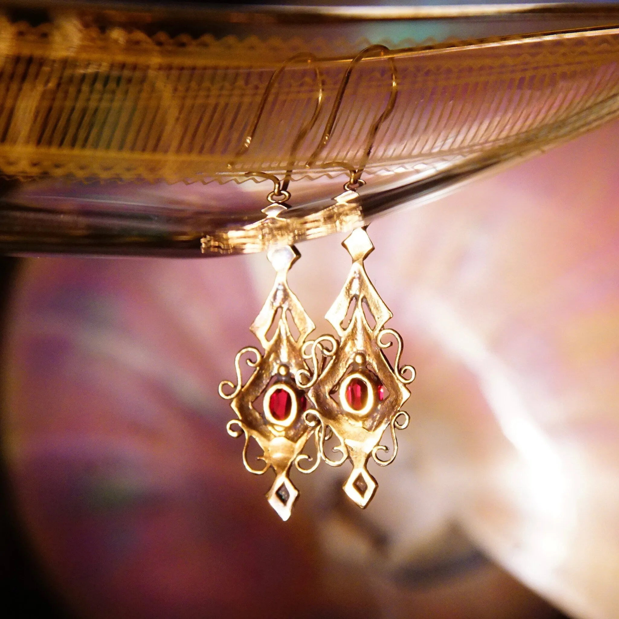 Vintage 14K Gold Red Ruby Dangle Pendant Earrings, Elegant Ornate Earrings With Marquise Gemstones, Art Deco/Nouveau, Kidney Hooks,2 L