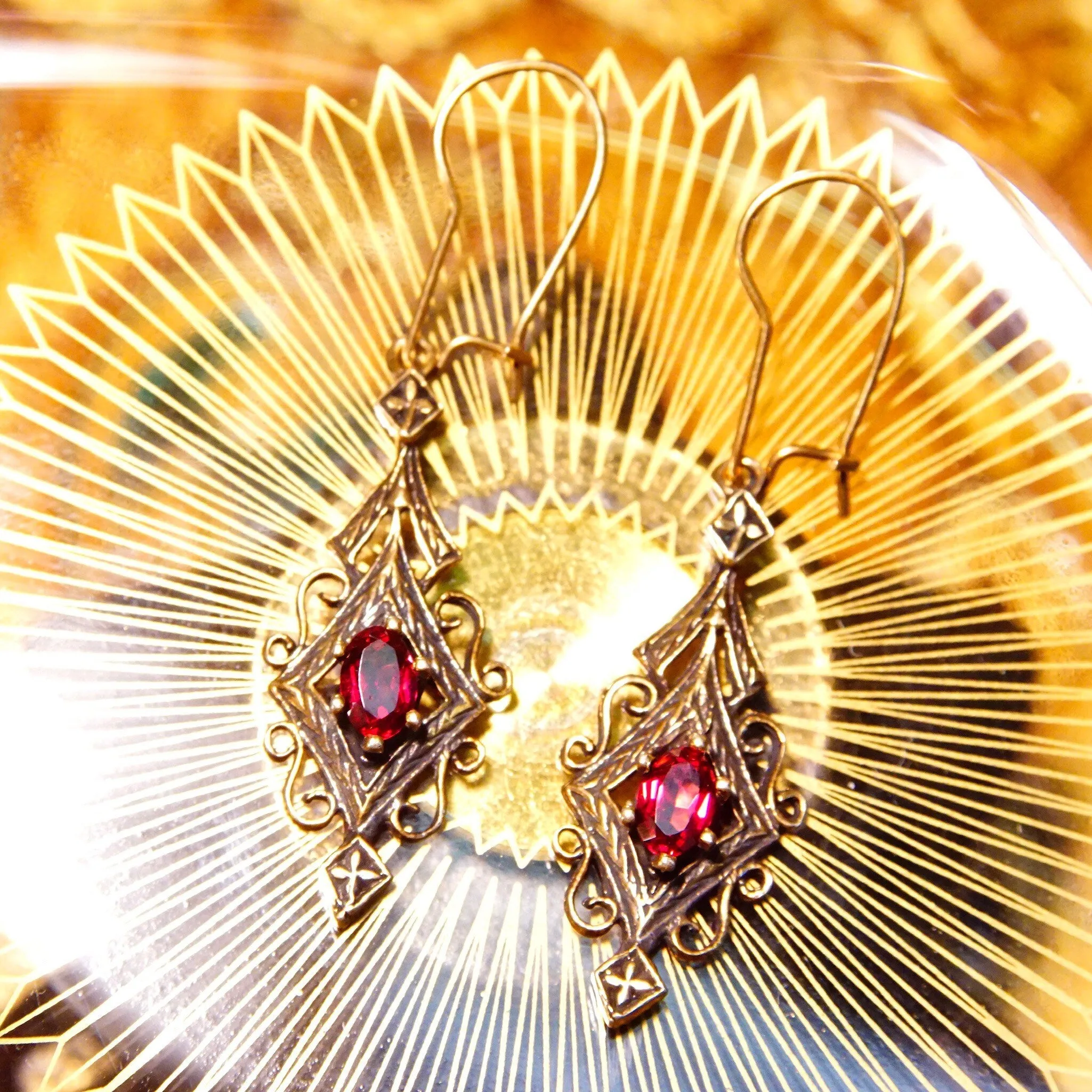 Vintage 14K Gold Red Ruby Dangle Pendant Earrings, Elegant Ornate Earrings With Marquise Gemstones, Art Deco/Nouveau, Kidney Hooks,2 L