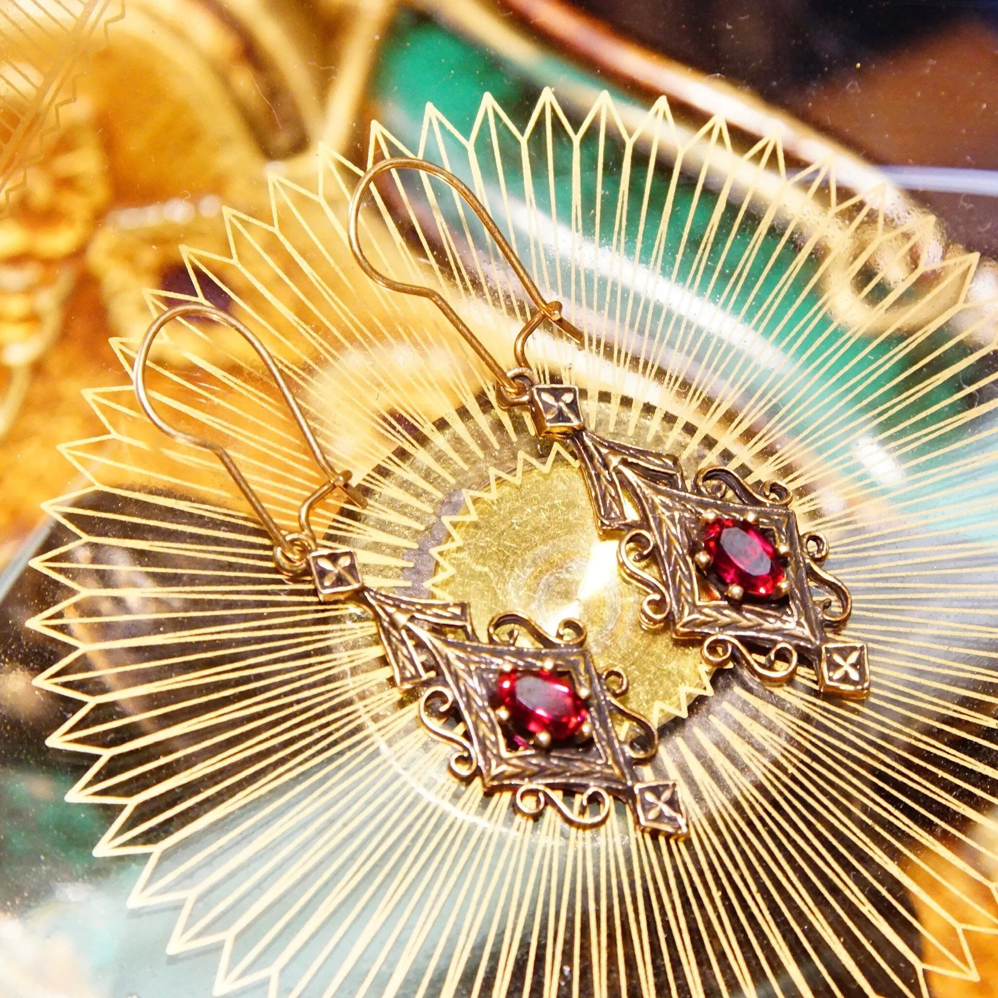 Vintage 14K Gold Red Ruby Dangle Pendant Earrings, Elegant Ornate Earrings With Marquise Gemstones, Art Deco/Nouveau, Kidney Hooks,2 L