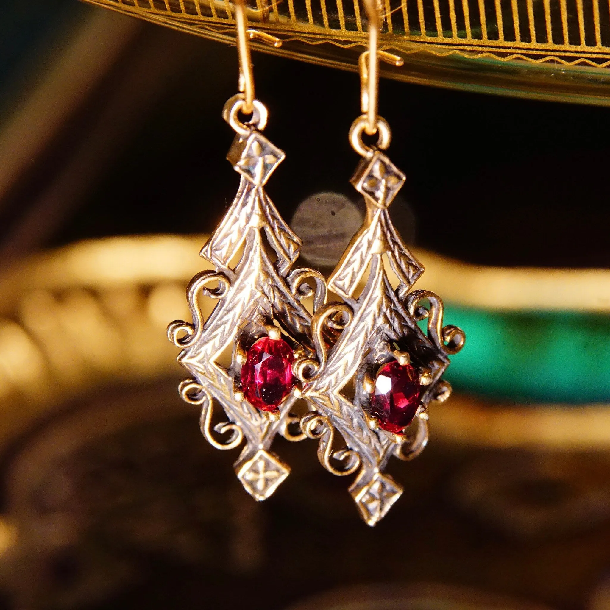 Vintage 14K Gold Red Ruby Dangle Pendant Earrings, Elegant Ornate Earrings With Marquise Gemstones, Art Deco/Nouveau, Kidney Hooks,2 L