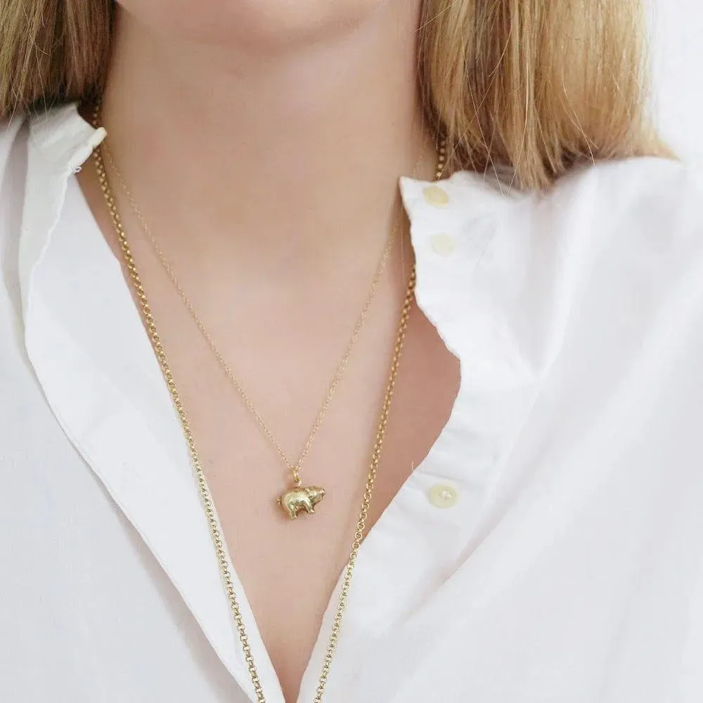 Vintage 9ct Gold Puffed Good Luck Pig Charm Necklace