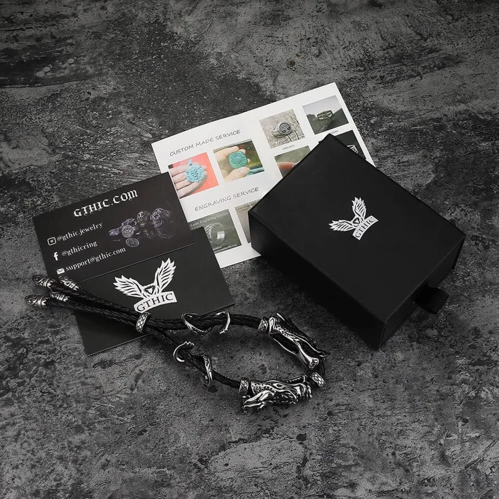 Vintage Double Dragon Stainless Steel Leather Animal Bracelet