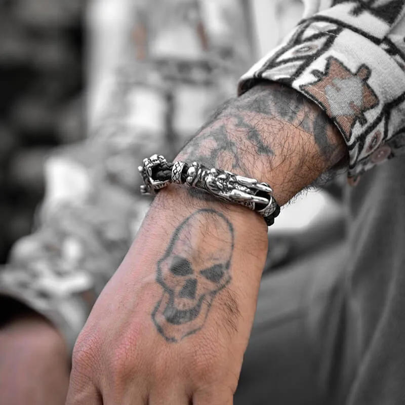 Vintage Double Dragon Stainless Steel Leather Animal Bracelet