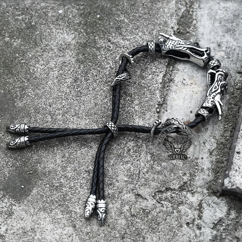 Vintage Double Dragon Stainless Steel Leather Animal Bracelet
