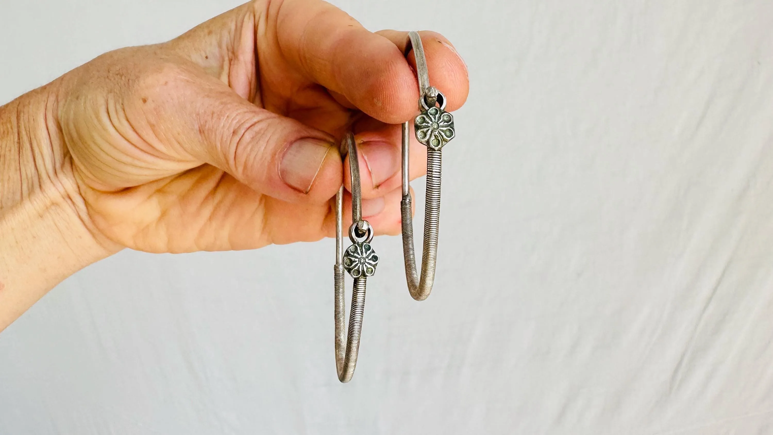 Vintage Large Kuchi Silver Hoop Earrings. Sterling Silver. Afghanistan. 0694