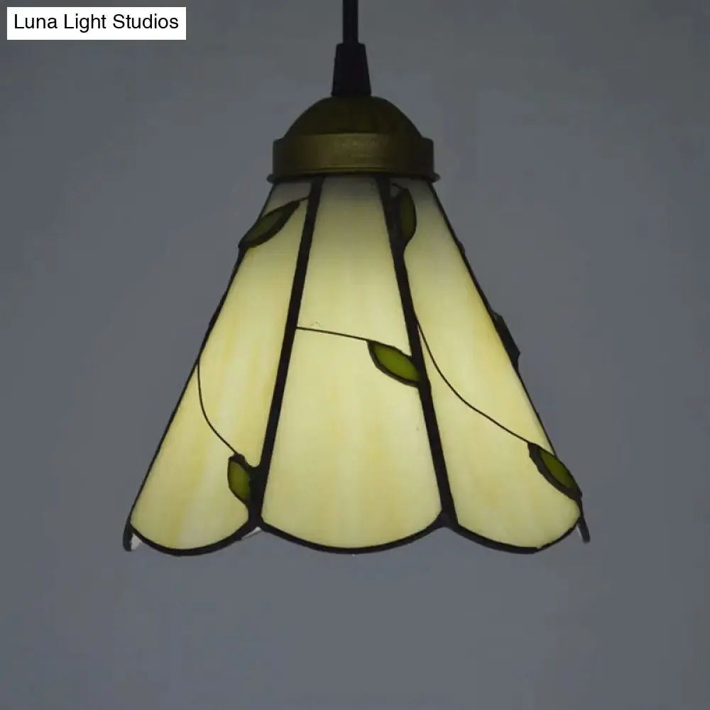 White Glass Cone Hanging Light Kit - Mission 1-Light Pendant Lamp with Bronze Leaf Pattern and Scalloped Trim
