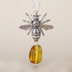 Worker Bee Bee-Themed Amber Pendant Necklace from Mexico